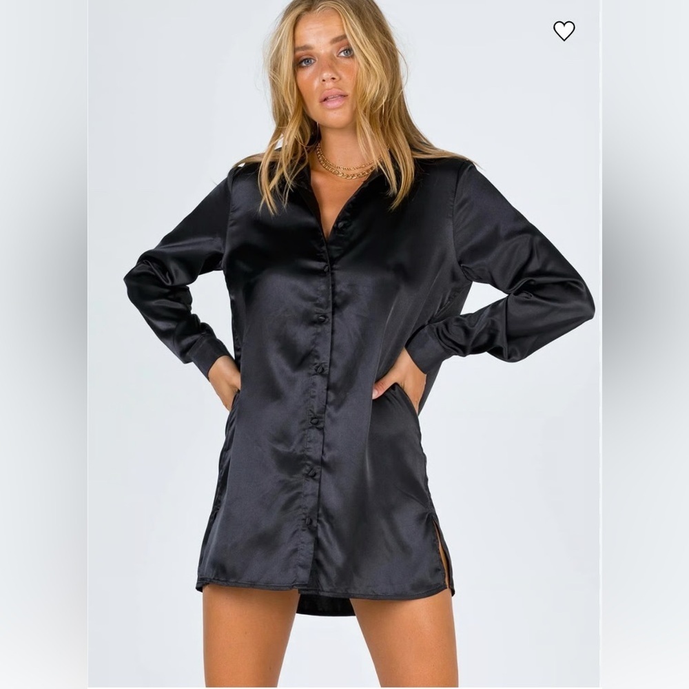Princess Polly Elegant Black Satin Shirt Dress |
